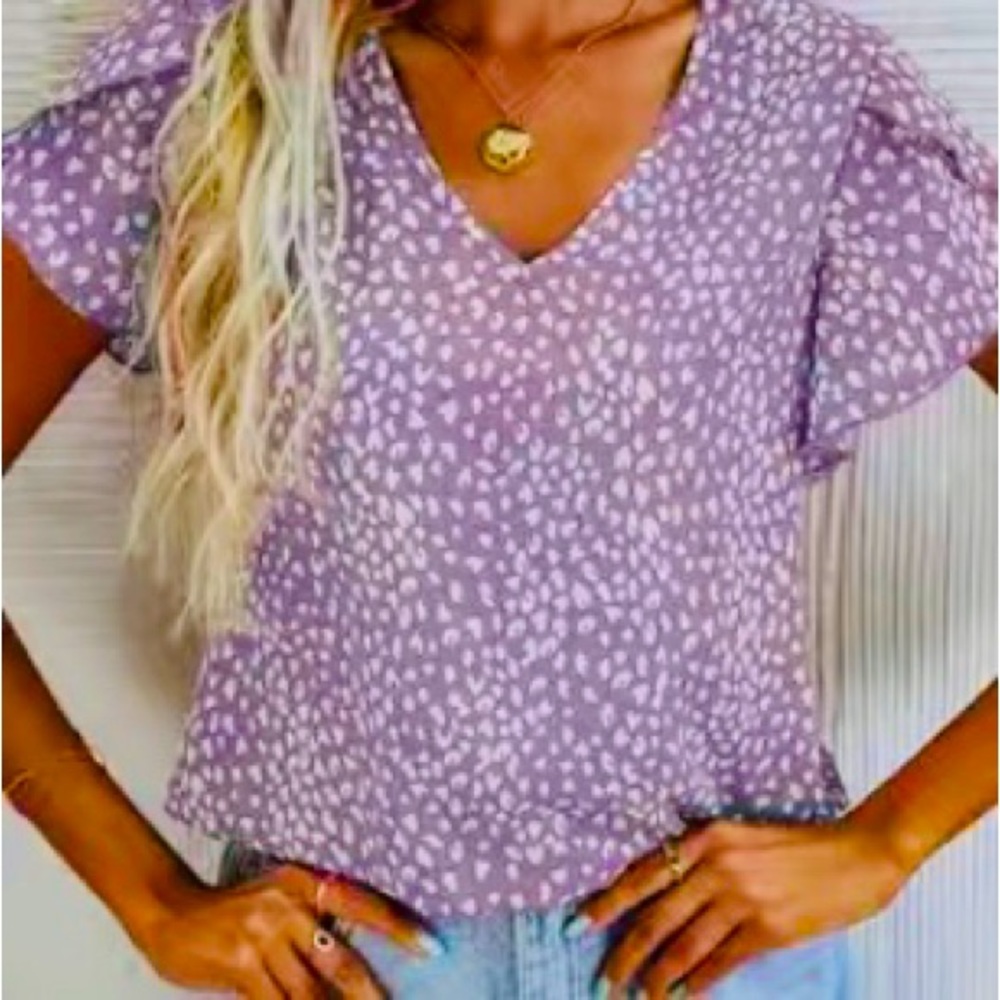 Purple Petal Print Blouse Short Sleeve Size XL Casual V Neck
